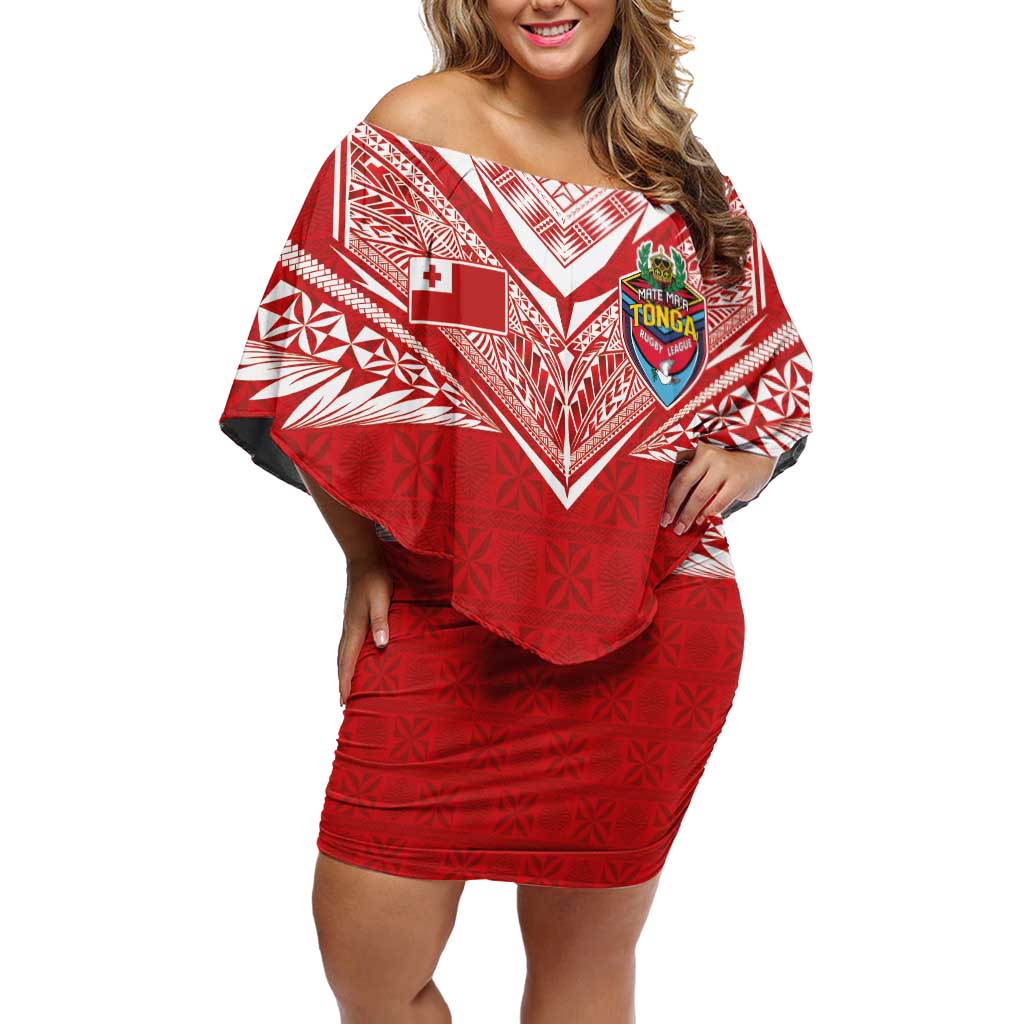 Custom Tonga Rugby Family Matching Off Shoulder Short Dress and Hawaiian Shirt Ngatu Motifs and Pacific Patterns LT03 Mom's Dress Red - Polynesian Pride