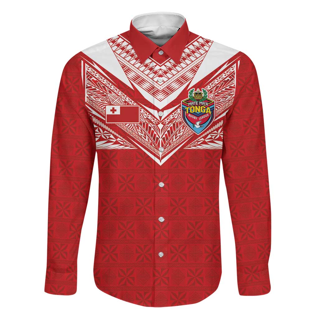 Custom Tonga Rugby Family Matching Short Sleeve Bodycon Dress and Hawaiian Shirt Ngatu Motifs and Pacific Patterns LT03 Dad's Shirt - Long Sleeve Red - Polynesian Pride