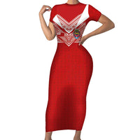 Custom Tonga Rugby Family Matching Short Sleeve Bodycon Dress and Hawaiian Shirt Ngatu Motifs and Pacific Patterns LT03 Mom's Dress Red - Polynesian Pride