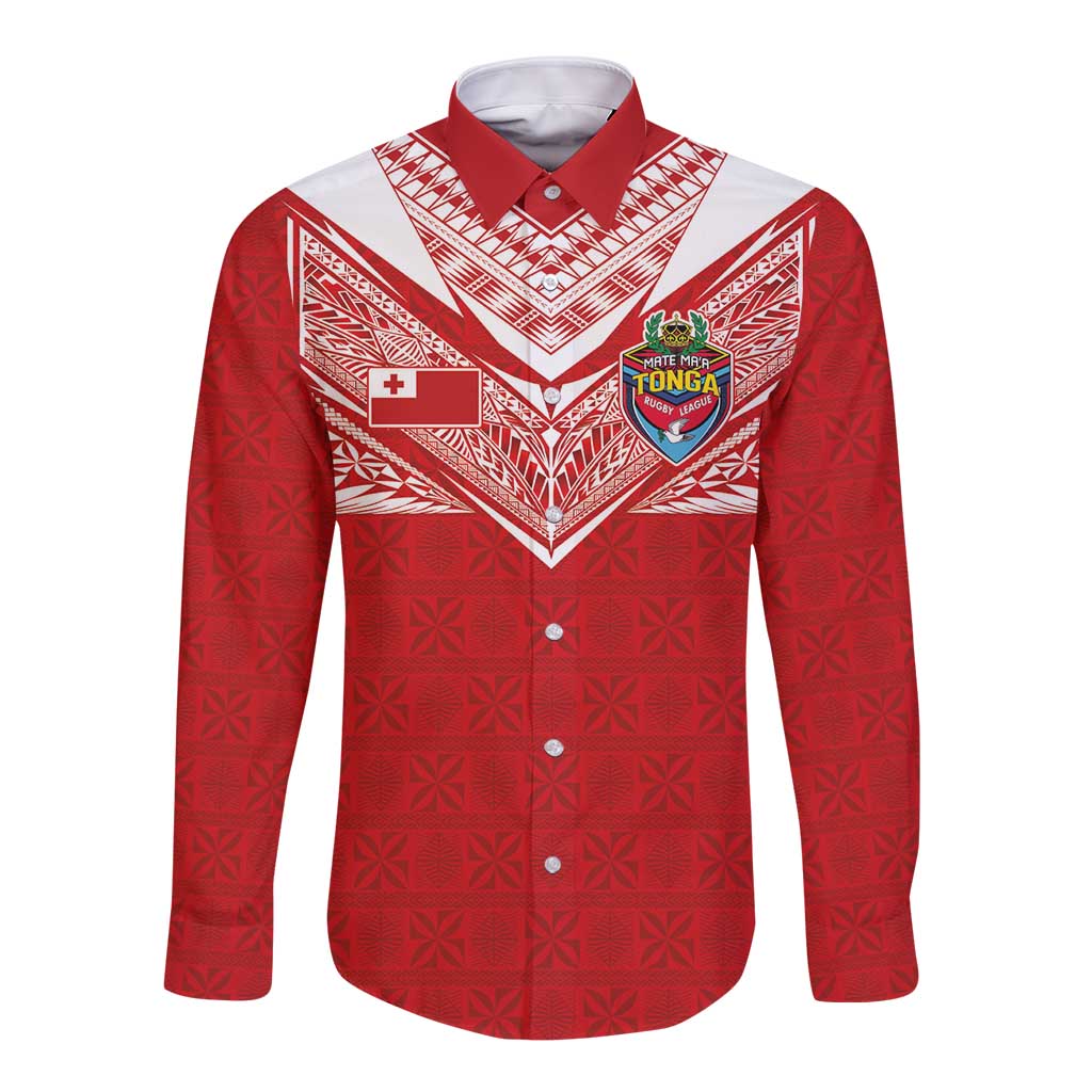 Custom Tonga Rugby Long Sleeve Button Shirt Ngatu Motifs and Pacific Patterns