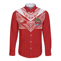 Custom Tonga Rugby Long Sleeve Button Shirt Ngatu Motifs and Pacific Patterns