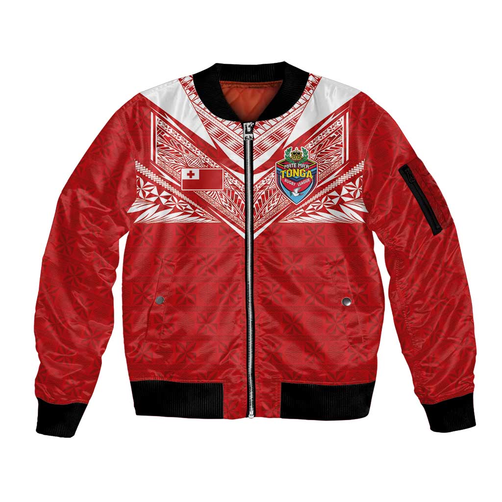 Custom Tonga Rugby Sleeve Zip Bomber Jacket Ngatu Motifs and Pacific Patterns
