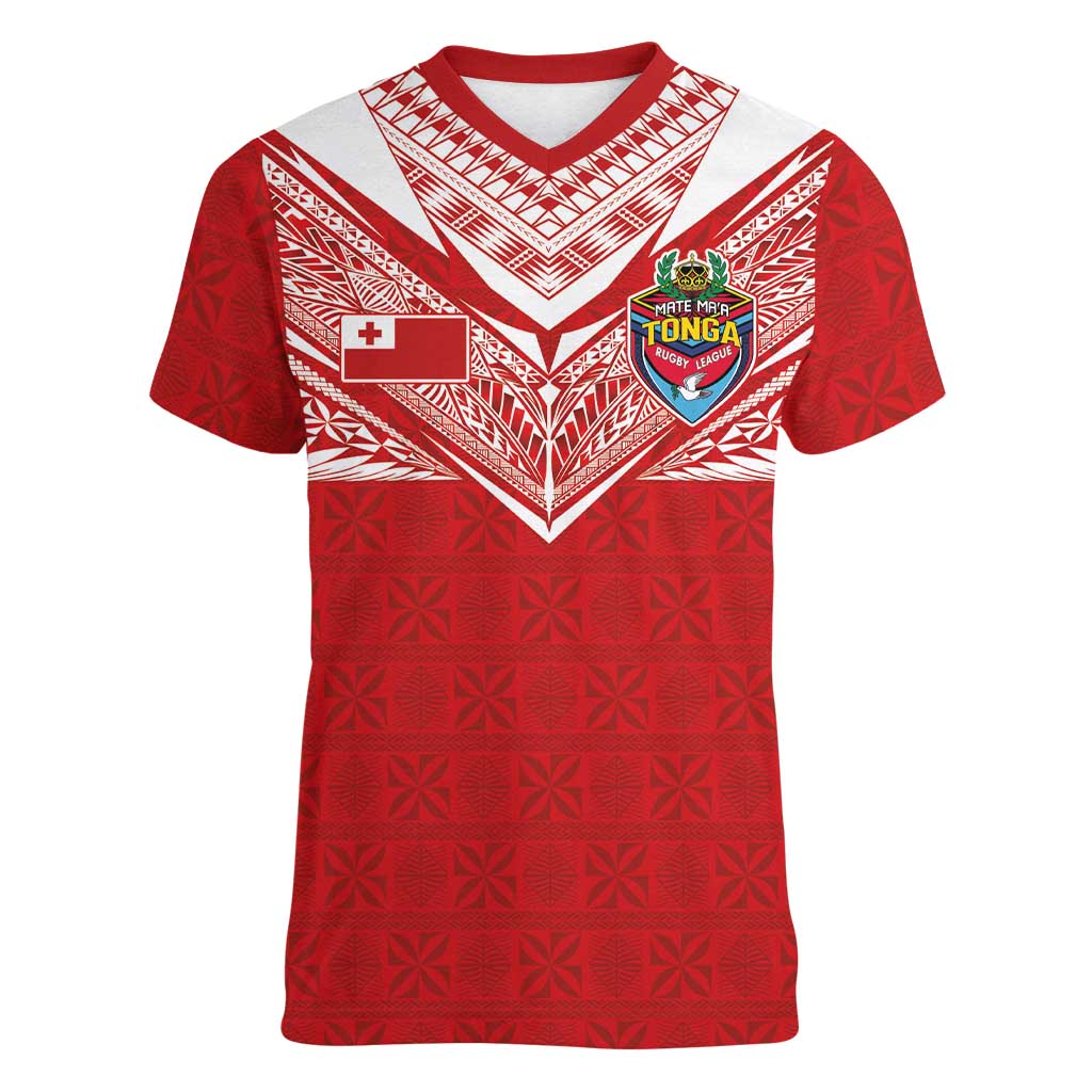 Custom Tonga Rugby Women V-Neck T-Shirt Ngatu Motifs and Pacific Patterns