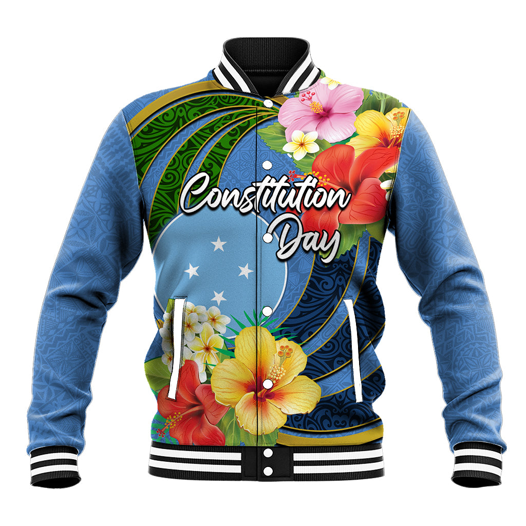 Micronesia Constitution Day Baseball Jacket Hibiscus and Tapa Tribal Pattern LT03 Unisex Blue - Polynesian Pride
