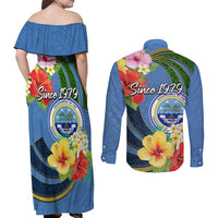 Micronesia Constitution Day Couples Matching Off Shoulder Maxi Dress and Long Sleeve Button Shirt Hibiscus and Tapa Tribal Pattern LT03 - Polynesian Pride