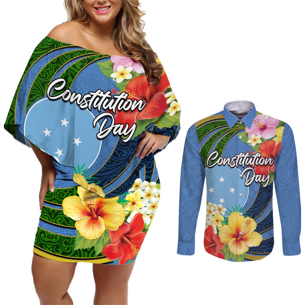 Micronesia Constitution Day Couples Matching Off Shoulder Short Dress and Long Sleeve Button Shirt Hibiscus and Tapa Tribal Pattern LT03 Blue - Polynesian Pride
