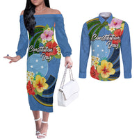 Micronesia Constitution Day Couples Matching Off The Shoulder Long Sleeve Dress and Long Sleeve Button Shirt Hibiscus and Tapa Tribal Pattern LT03 Blue - Polynesian Pride