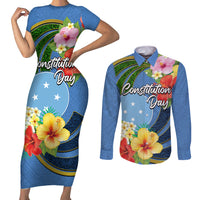 Micronesia Constitution Day Couples Matching Short Sleeve Bodycon Dress and Long Sleeve Button Shirt Hibiscus and Tapa Tribal Pattern LT03 Blue - Polynesian Pride