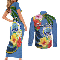 Micronesia Constitution Day Couples Matching Short Sleeve Bodycon Dress and Long Sleeve Button Shirt Hibiscus and Tapa Tribal Pattern LT03 - Polynesian Pride