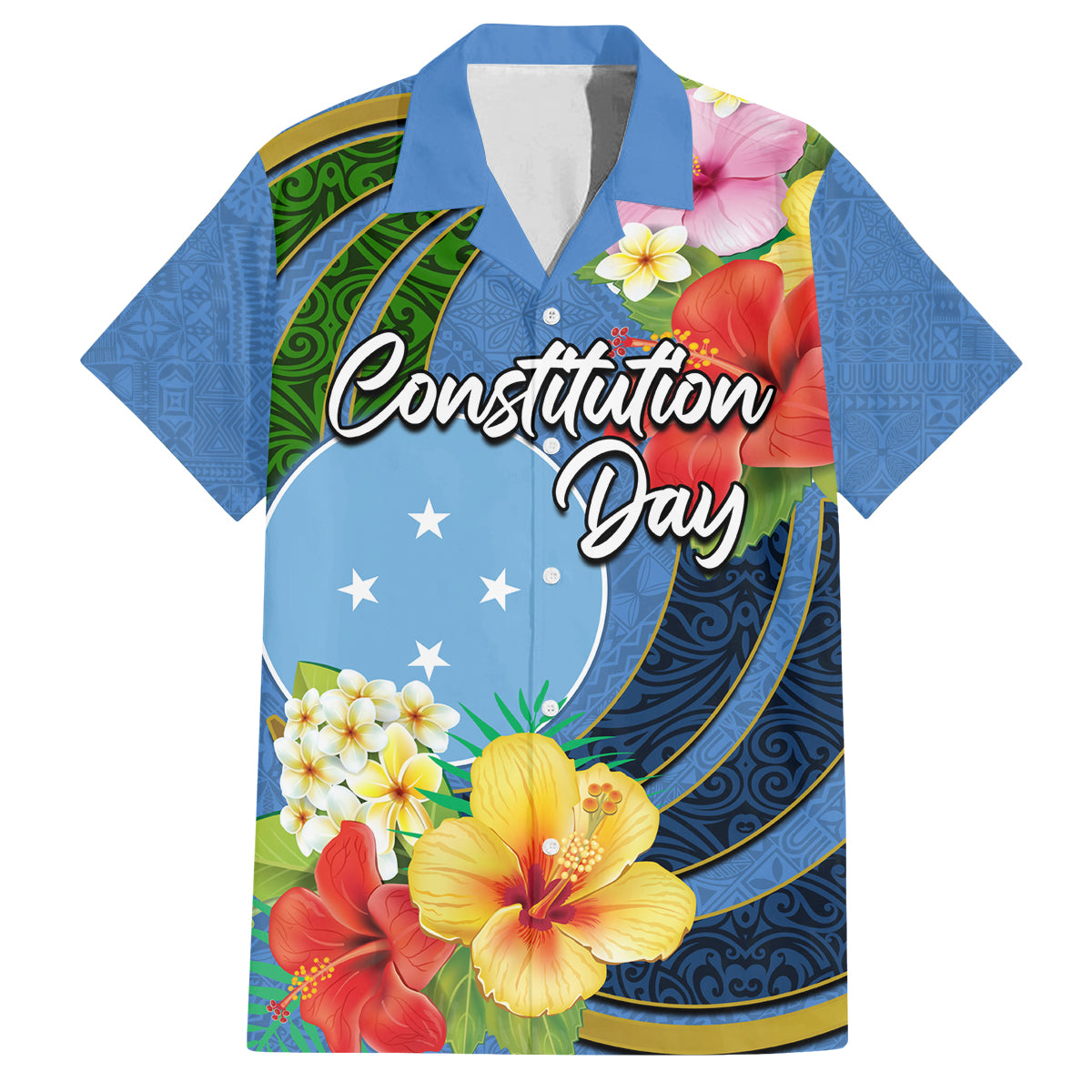 Micronesia Constitution Day Family Matching Off Shoulder Short Dress and Hawaiian Shirt Hibiscus and Tapa Tribal Pattern LT03 Dad's Shirt - Short Sleeve Blue - Polynesian Pride