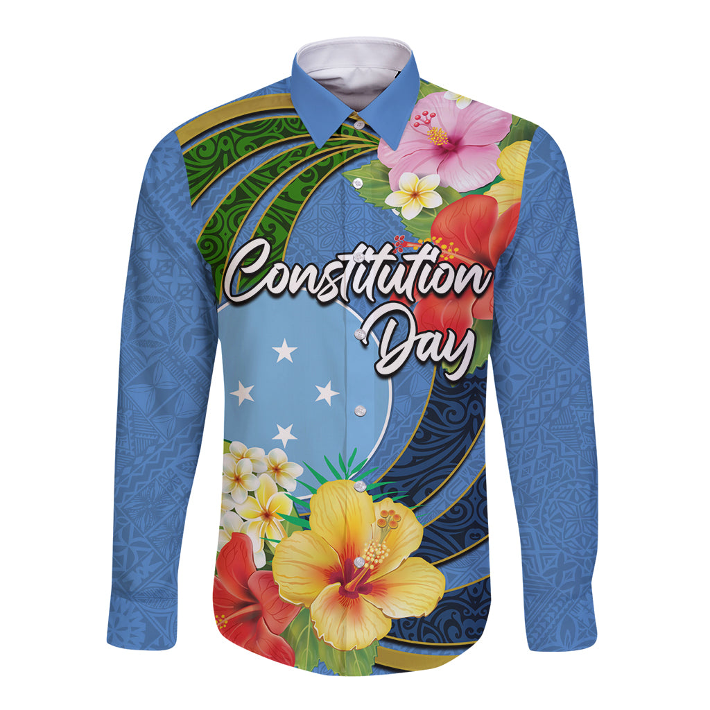 Micronesia Constitution Day Long Sleeve Button Shirt Hibiscus and Tapa Tribal Pattern LT03 Unisex Blue - Polynesian Pride
