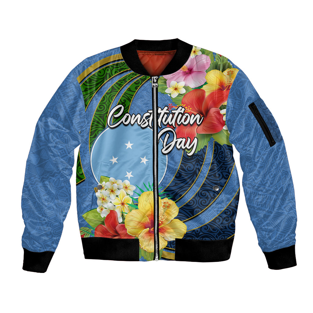 Micronesia Constitution Day Sleeve Zip Bomber Jacket Hibiscus and Tapa Tribal Pattern LT03 Unisex Blue - Polynesian Pride