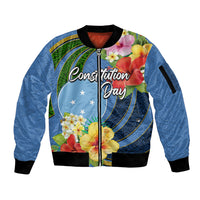 Micronesia Constitution Day Sleeve Zip Bomber Jacket Hibiscus and Tapa Tribal Pattern LT03 Unisex Blue - Polynesian Pride