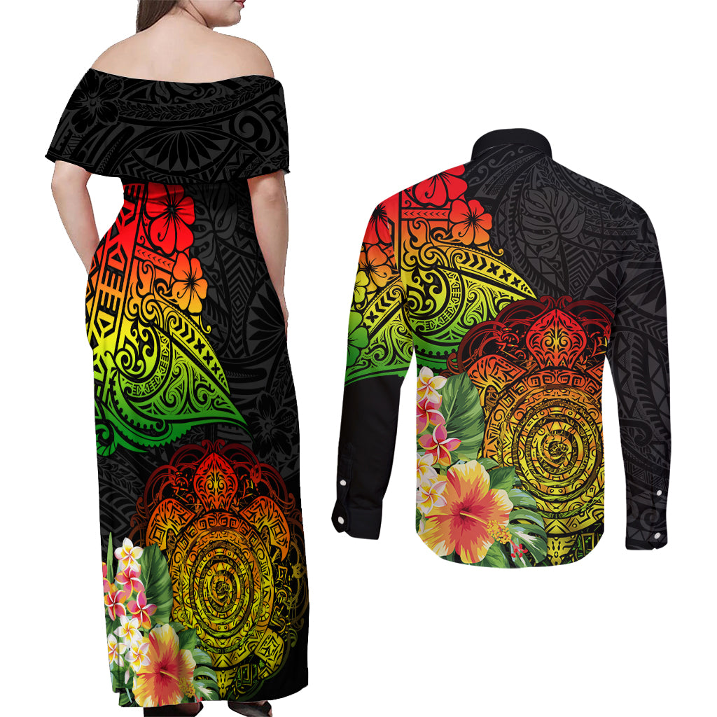 Polynesia Victory Day Couples Matching Off Shoulder Maxi Dress and Long Sleeve Button Shirt Tribal Turtle and Hibiscus LT03 - Polynesian Pride