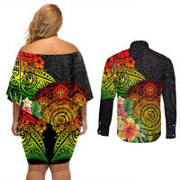 Polynesia Victory Day Couples Matching Off Shoulder Short Dress and Long Sleeve Button Shirt Tribal Turtle and Hibiscus LT03 - Polynesian Pride