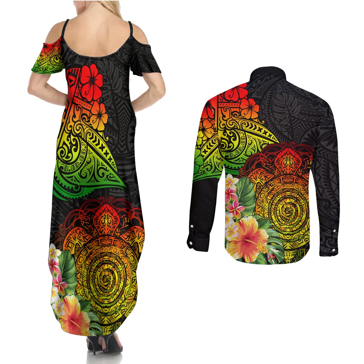 Polynesia Victory Day Couples Matching Summer Maxi Dress and Long Sleeve Button Shirt Tribal Turtle and Hibiscus LT03 - Polynesian Pride