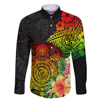 Polynesia Victory Day Family Matching Off Shoulder Long Sleeve Dress and Hawaiian Shirt Tribal Turtle and Hibiscus LT03 Dad's Shirt - Long Sleeve Reggae - Polynesian Pride