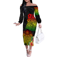 Polynesia Victory Day Family Matching Off Shoulder Long Sleeve Dress and Hawaiian Shirt Tribal Turtle and Hibiscus LT03 Mom's Dress Reggae - Polynesian Pride