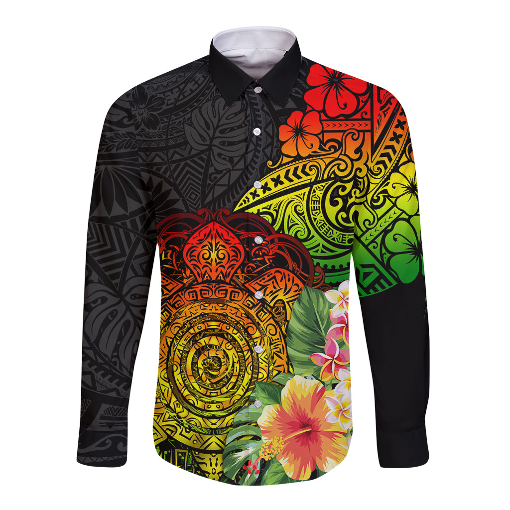 Polynesia Victory Day Long Sleeve Button Shirt Tribal Turtle and Hibiscus LT03 Unisex Reggae - Polynesian Pride