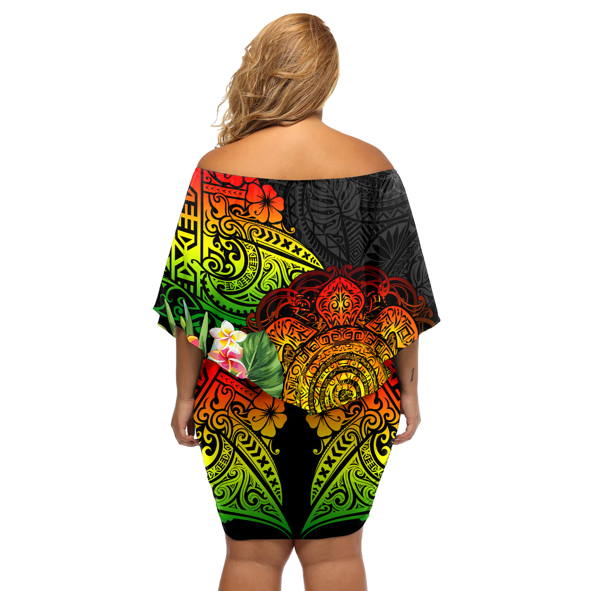 Polynesia Victory Day Off Shoulder Short Dress Tribal Turtle and Hibiscus LT03 - Polynesian Pride