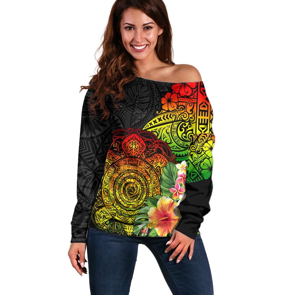 Polynesia Victory Day Off Shoulder Sweater Tribal Turtle and Hibiscus LT03 Women Reggae - Polynesian Pride