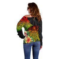 Polynesia Victory Day Off Shoulder Sweater Tribal Turtle and Hibiscus LT03 - Polynesian Pride