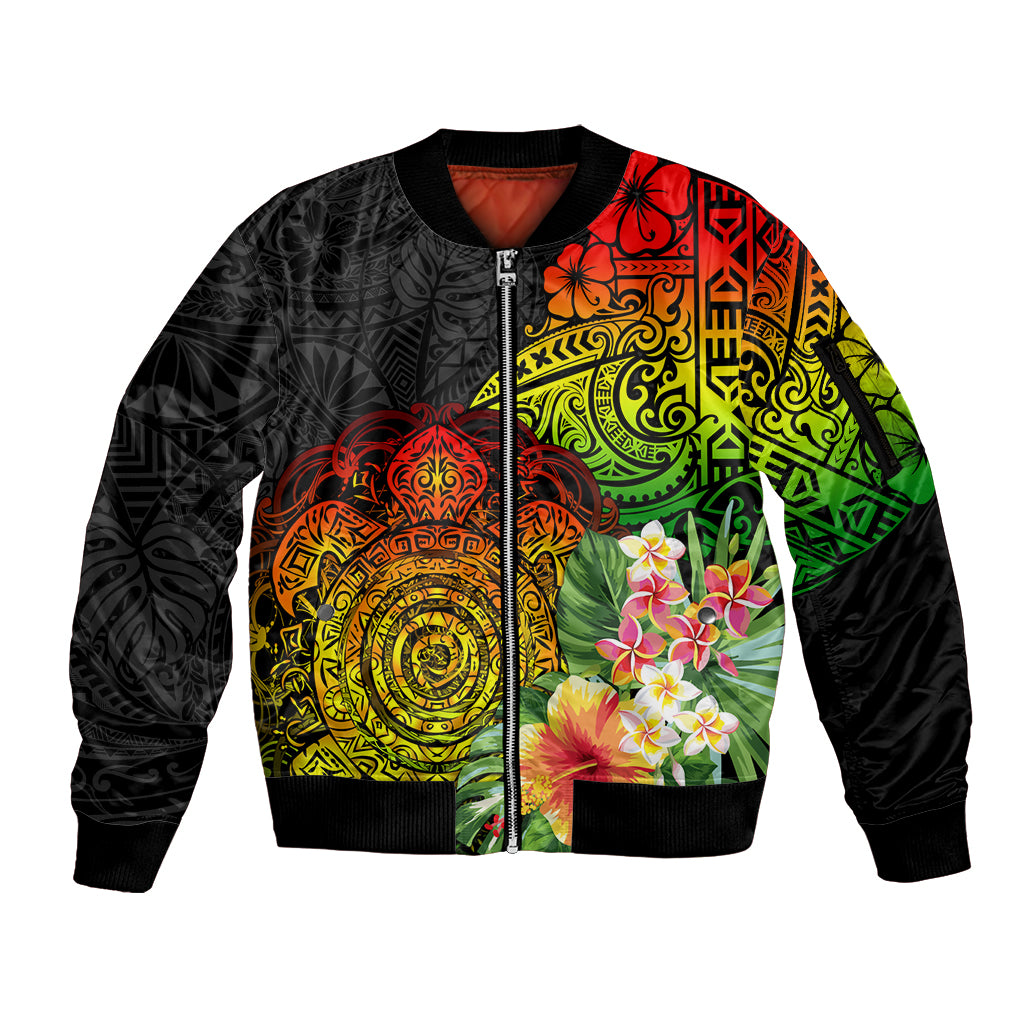 Polynesia Victory Day Sleeve Zip Bomber Jacket Tribal Turtle and Hibiscus LT03 Unisex Reggae - Polynesian Pride