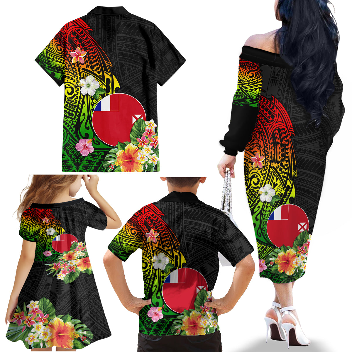 Wallis and Futuna Victory Day Family Matching Off Shoulder Long Sleeve Dress and Hawaiian Shirt Tribal Polynesian Tattoo and Hibiscus Flower LT03 - Polynesian Pride