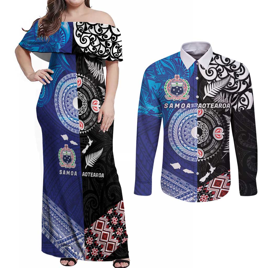 Samoa and Aotearoa Together Couples Matching Off Shoulder Maxi Dress and Long Sleeve Button Shirt Tatau Art Tattoos-Taniko and Maori with Fern