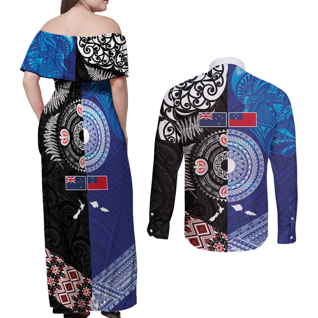 Samoa and Aotearoa Together Couples Matching Off Shoulder Maxi Dress and Long Sleeve Button Shirt Tatau Art Tattoos-Taniko and Maori with Fern
