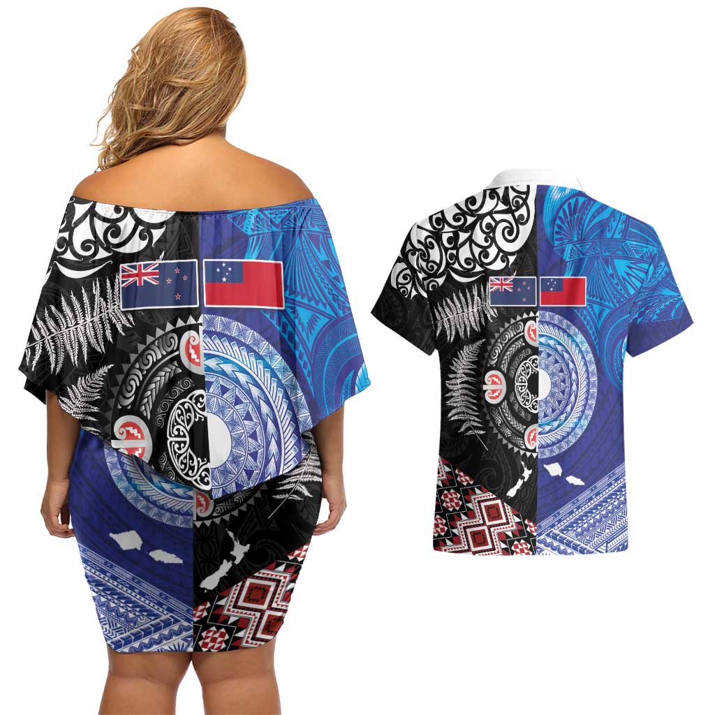 Samoa and Aotearoa Together Couples Matching Off Shoulder Short Dress and Hawaiian Shirt Tatau Art Tattoos-Taniko and Maori with Fern