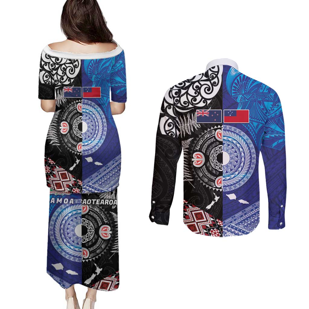 Samoa and Aotearoa Together Couples Matching Puletasi and Long Sleeve Button Shirt Tatau Art Tattoos-Taniko and Maori with Fern