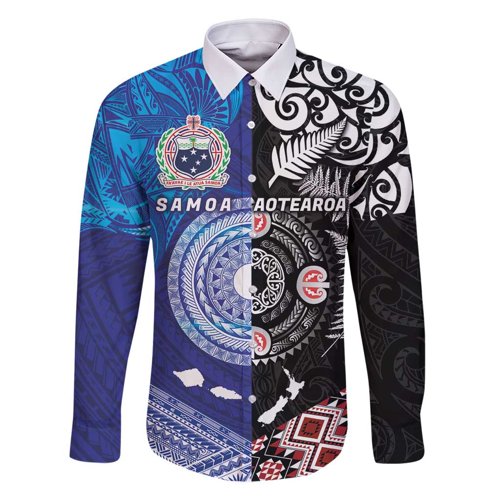 Samoa and Aotearoa Together Family Matching Long Sleeve Bodycon Dress and Hawaiian Shirt Tatau Art Tattoos-Taniko and Maori with Fern