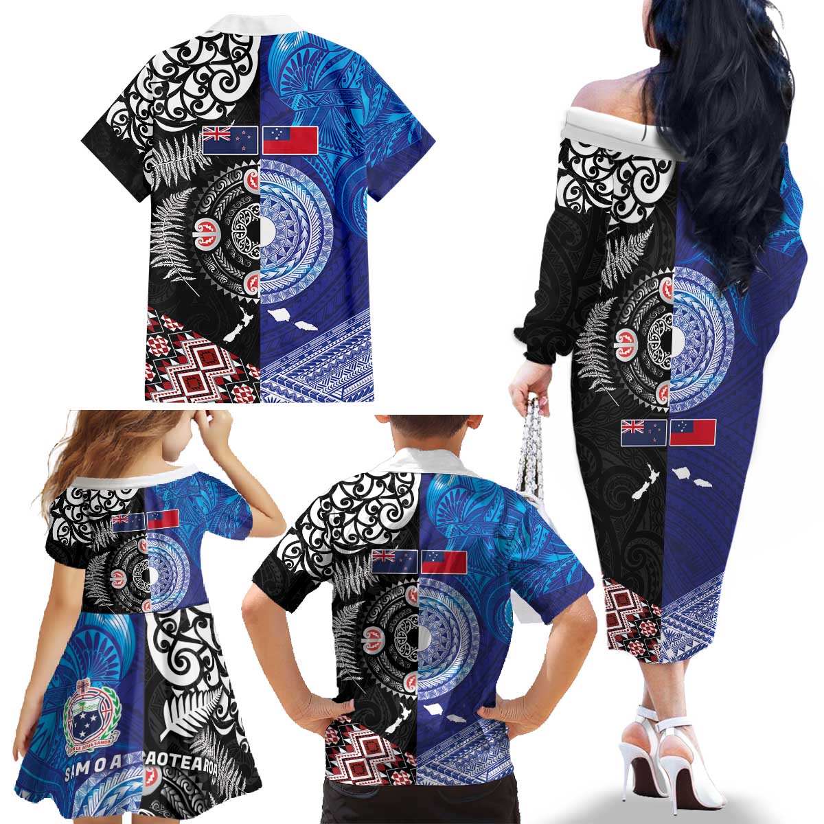 Samoa and Aotearoa Together Family Matching Off The Shoulder Long Sleeve Dress and Hawaiian Shirt Tatau Art Tattoos-Taniko and Maori with Fern