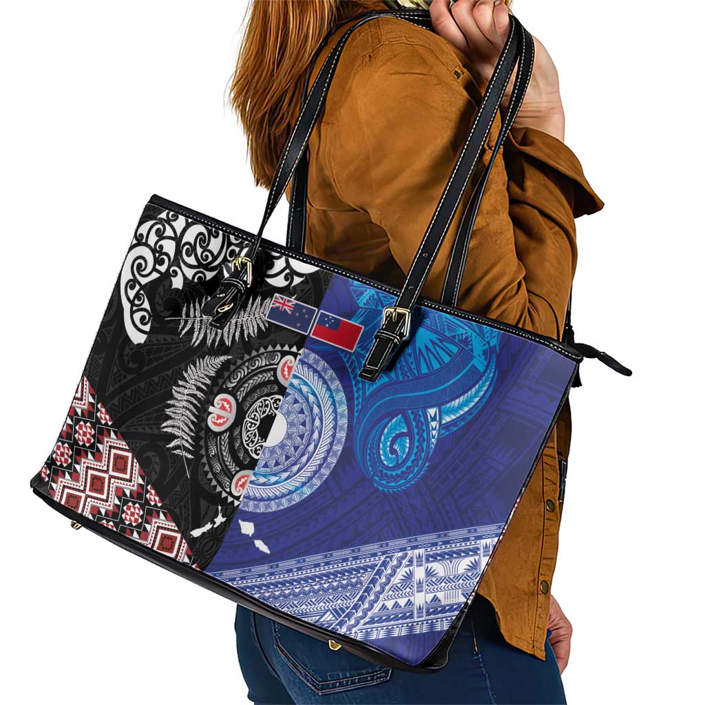 Samoa and Aotearoa Together Leather Tote Bag Tatau Art Tattoos-Taniko and Maori with Fern
