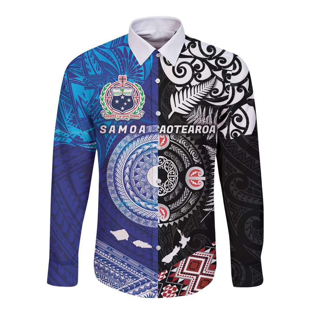 Samoa and Aotearoa Together Long Sleeve Button Shirt Tatau Art Tattoos-Taniko and Maori with Fern