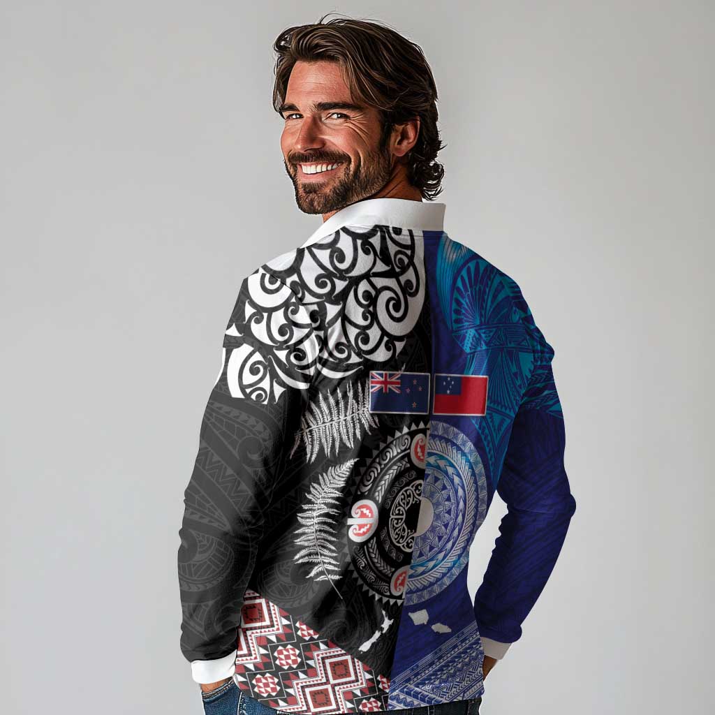 Samoa and Aotearoa Together Long Sleeve Polo Shirt Tatau Art Tattoos-Taniko and Maori with Fern