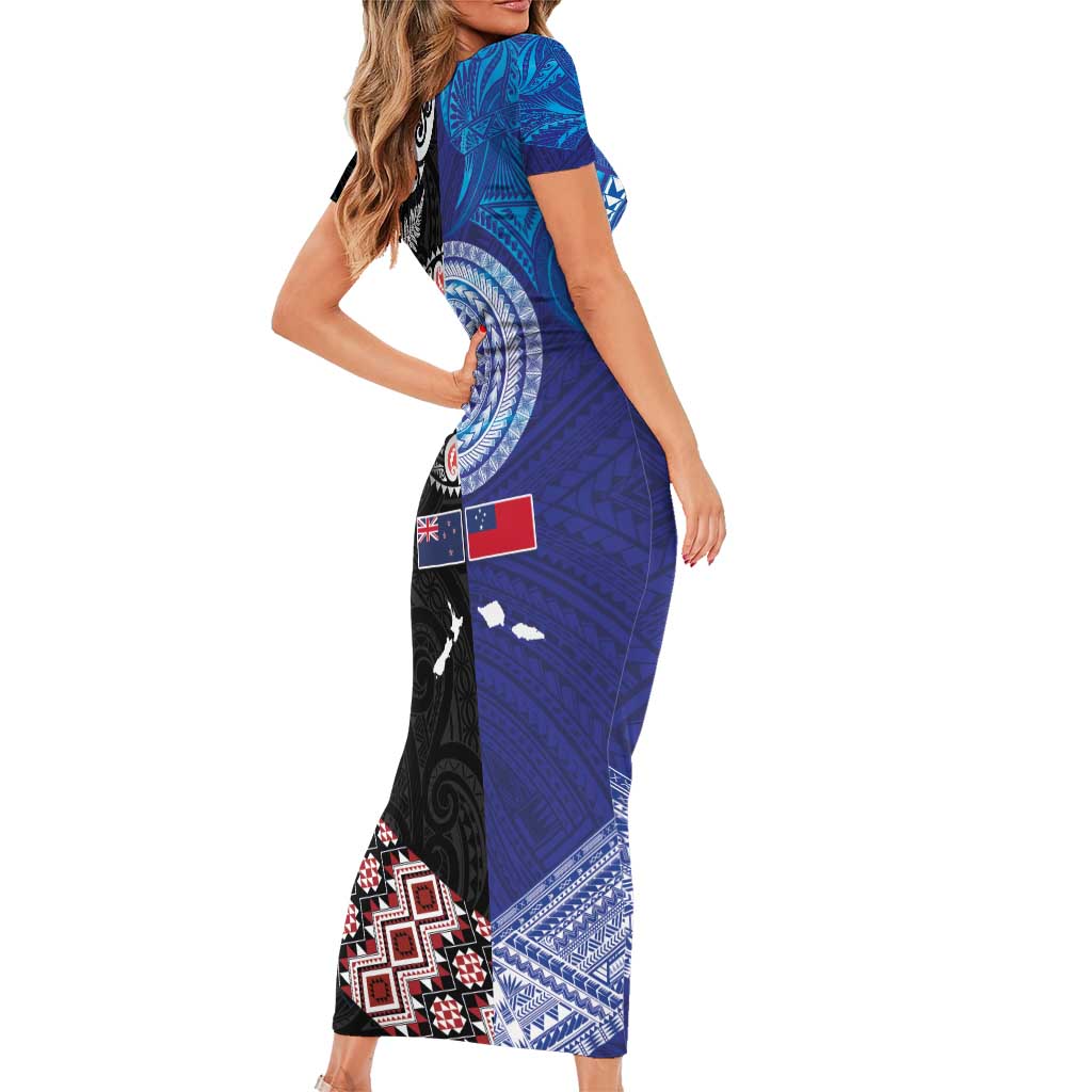 Samoa and Aotearoa Together Short Sleeve Bodycon Dress Tatau Art Tattoos-Taniko and Maori with Fern