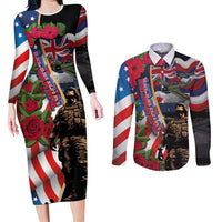 Hawaii and United States Memorial Day Couples Matching Long Sleeve Bodycon Dress and Long Sleeve Button Shirt Honor and Remember The Fallen LT03 Blue - Polynesian Pride