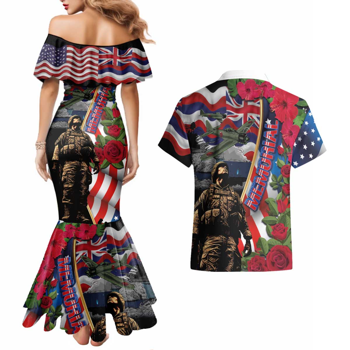 Hawaii and United States Memorial Day Couples Matching Mermaid Dress and Hawaiian Shirt Honor and Remember The Fallen
