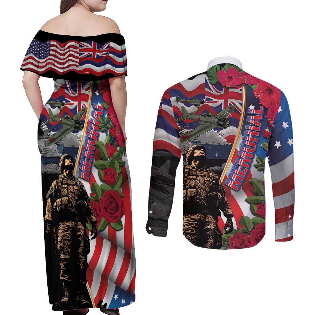 Hawaii and United States Memorial Day Couples Matching Off Shoulder Maxi Dress and Long Sleeve Button Shirt Honor and Remember The Fallen LT03 - Polynesian Pride