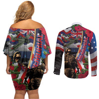 Hawaii and United States Memorial Day Couples Matching Off Shoulder Short Dress and Long Sleeve Button Shirt Honor and Remember The Fallen LT03 - Polynesian Pride