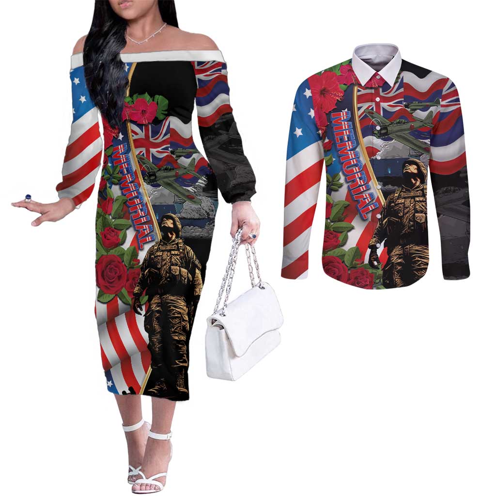 Hawaii and United States Memorial Day Couples Matching Off The Shoulder Long Sleeve Dress and Long Sleeve Button Shirt Honor and Remember The Fallen LT03 Blue - Polynesian Pride