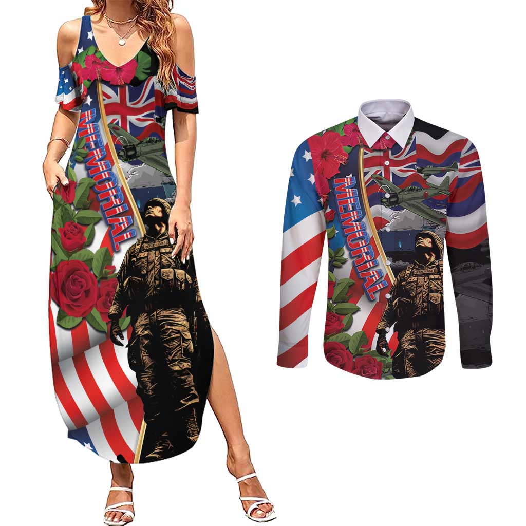 Hawaii and United States Memorial Day Couples Matching Summer Maxi Dress and Long Sleeve Button Shirt Honor and Remember The Fallen LT03 Blue - Polynesian Pride