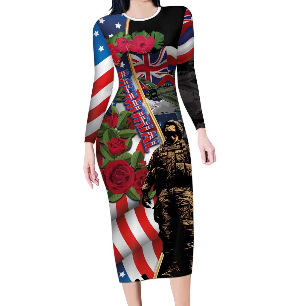 Hawaii and United States Memorial Day Family Matching Long Sleeve Bodycon Dress and Hawaiian Shirt Honor and Remember The Fallen LT03 Mom's Dress Blue - Polynesian Pride