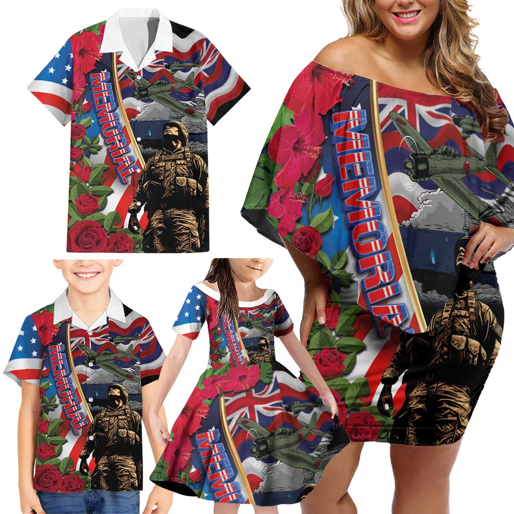 Hawaii and United States Memorial Day Family Matching Off Shoulder Short Dress and Hawaiian Shirt Honor and Remember The Fallen LT03 - Polynesian Pride