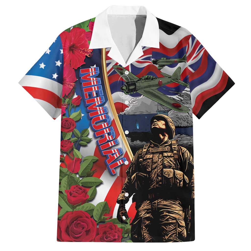Hawaii and United States Memorial Day Family Matching Off Shoulder Short Dress and Hawaiian Shirt Honor and Remember The Fallen LT03 Dad's Shirt - Short Sleeve Blue - Polynesian Pride