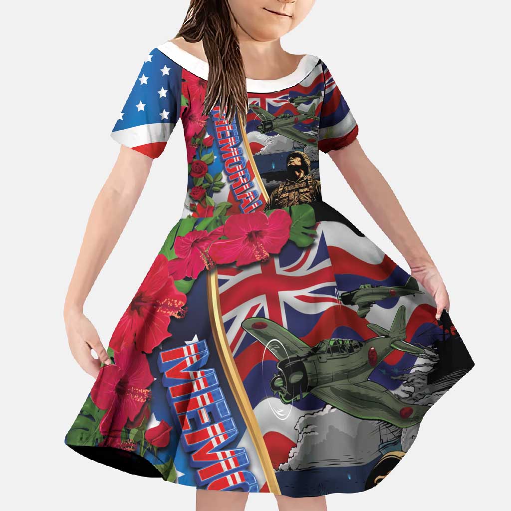 Hawaii and United States Memorial Day Family Matching Short Sleeve Bodycon Dress and Hawaiian Shirt Honor and Remember The Fallen LT03 Daughter's Dress Blue - Polynesian Pride