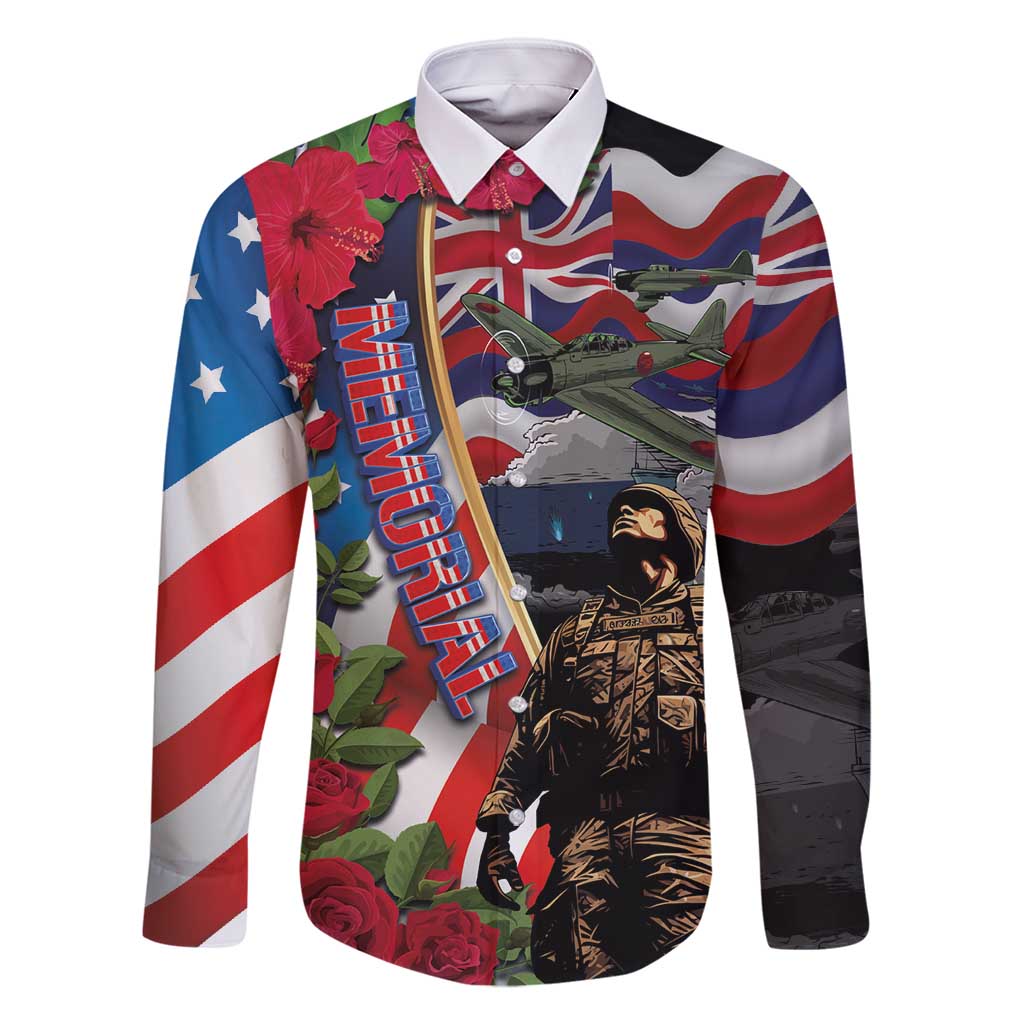 Hawaii and United States Memorial Day Family Matching Tank Maxi Dress and Hawaiian Shirt Honor and Remember The Fallen LT03 Dad's Shirt - Long Sleeve Blue - Polynesian Pride