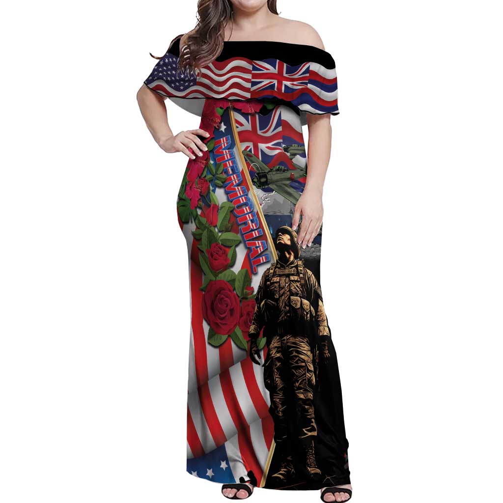 Hawaii and United States Memorial Day Off Shoulder Maxi Dress Honor and Remember The Fallen